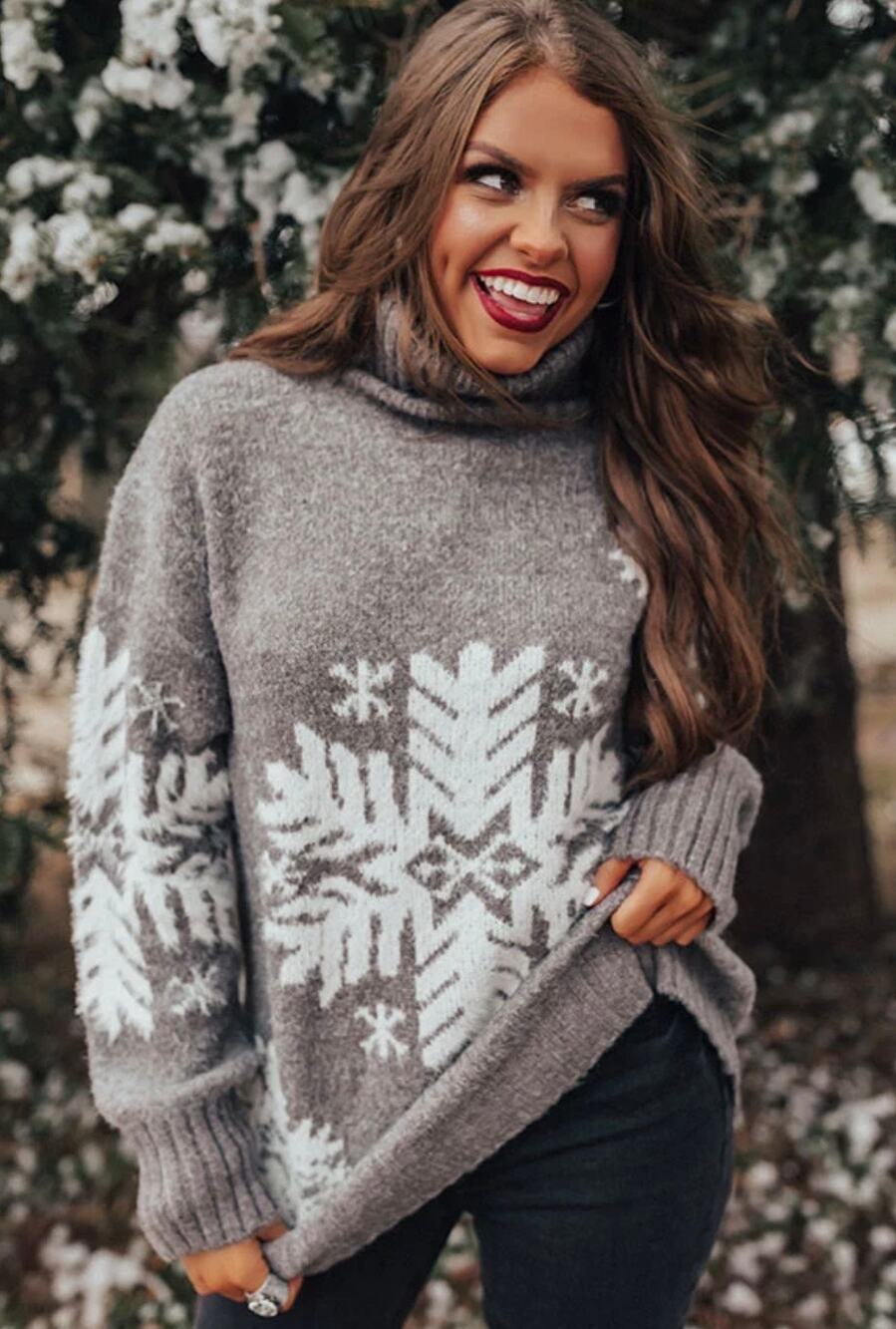 Easel Cozy Gray Knit Turtleneck Snowflake Oversized Sweater-Size L